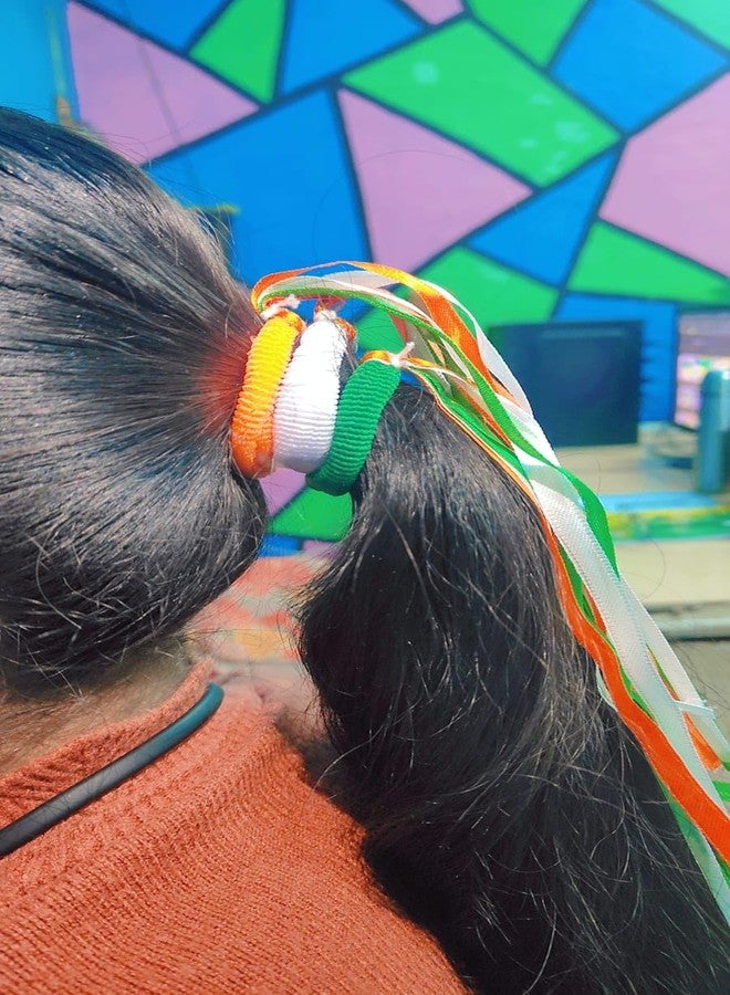 WECROO Tricolor Rubber Streamers, Ribbon Hair Band & Hand Band for Decoration, Handcraft, Border, Celebration Independence Day, Republic Day for Home & Office (Gree,White,Orange) Pack of 12 - Image 4
